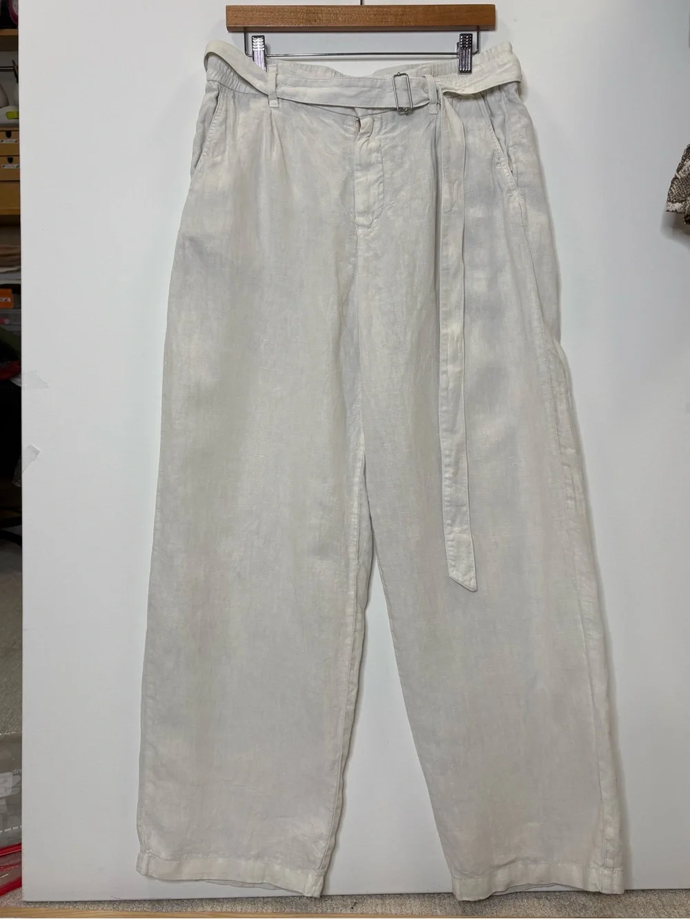 Zara 100% Linen Trouser Pant Womens Size 32 Natural Ecru Belted Wide Leg Pockets